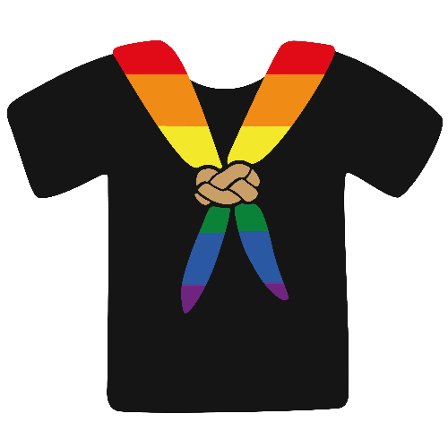 Kleines Logo von Pfadi-Drip. T-Shirt mit Regenbogen Tuch.